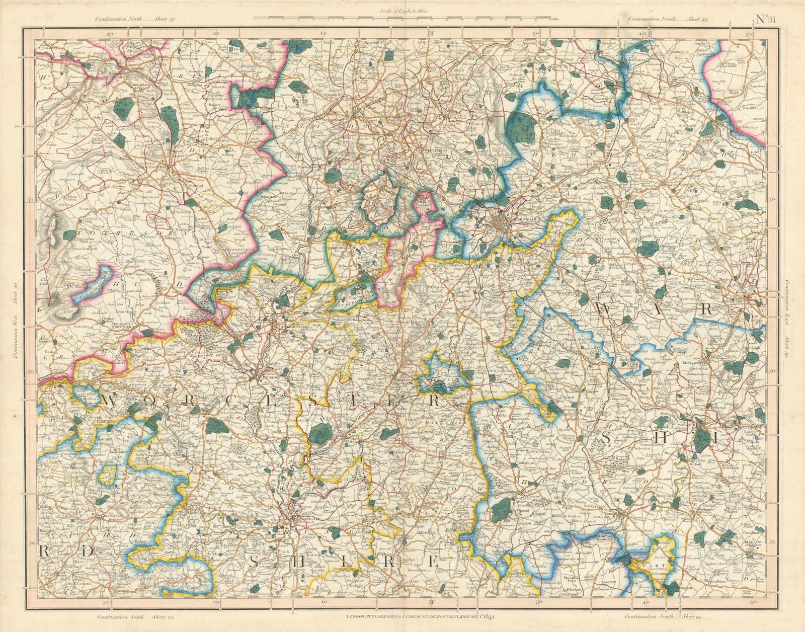 WEST MIDLANDS Birmingham Worcestershire Shrops Staffs Warwickshire CARY 1832 map